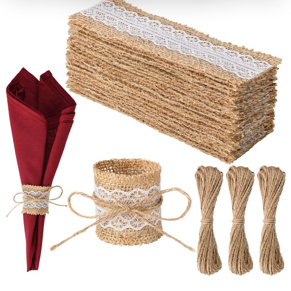 Brand new pack of burlap and lace napkins rings